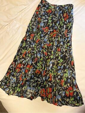 Anthropologie Black Floral Maxi Skirt with Red & Blue Blooms